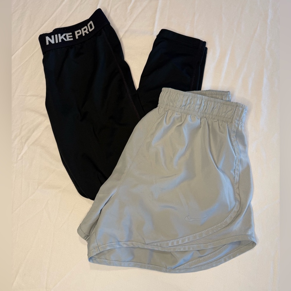 Set of Nike Women's Black Nike Pro Compression Leggings and Gray Dri-Fit Shorts